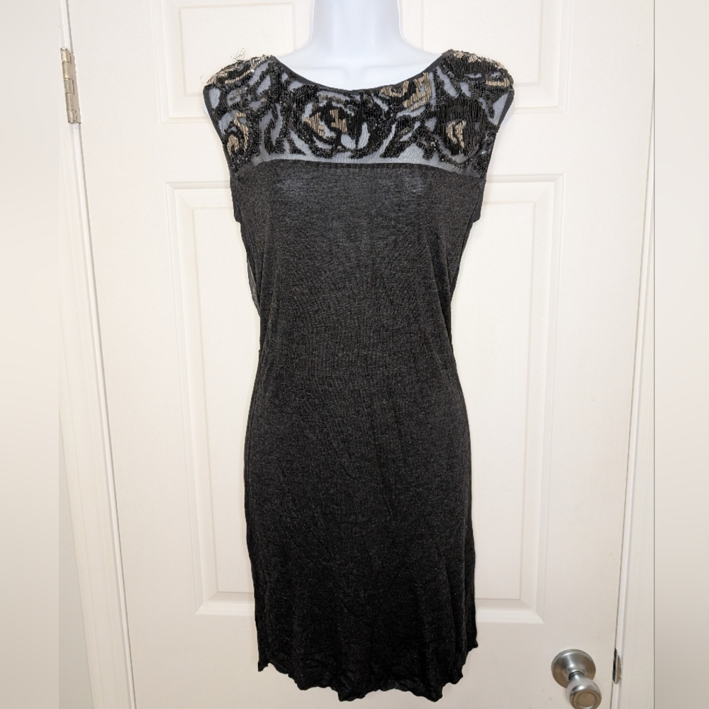 All Saints Black Midi Dress with Gold & Black Sequin Accents US Size 4